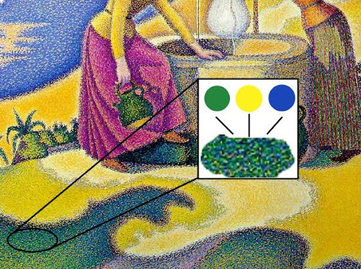 Paul Signac, Femmes au Puits, 1892, showing a detail with constituent colors. Musée d'Orsay, Paris